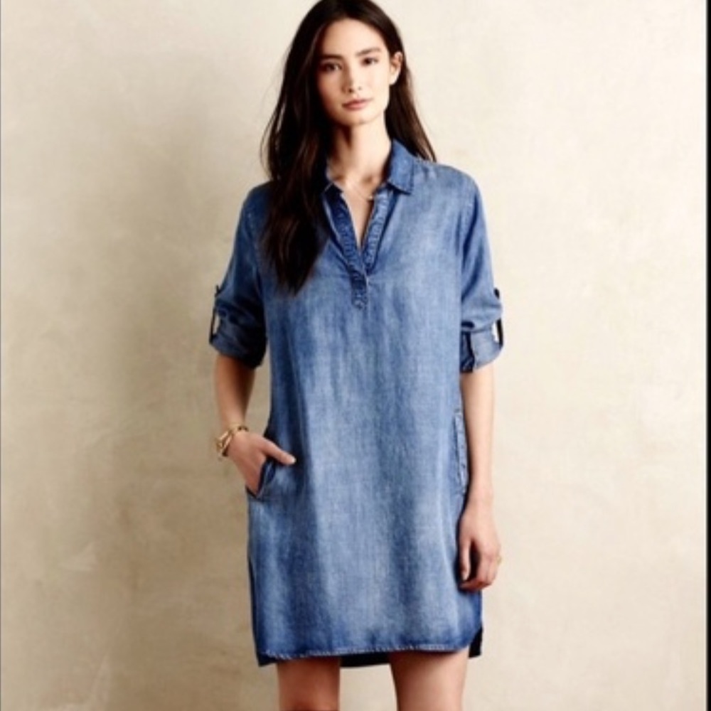 ANTHROPOLOGIE Cloth & Stone Adalie Blue Chambray Lyocell Mini Shift Dress Sz XS